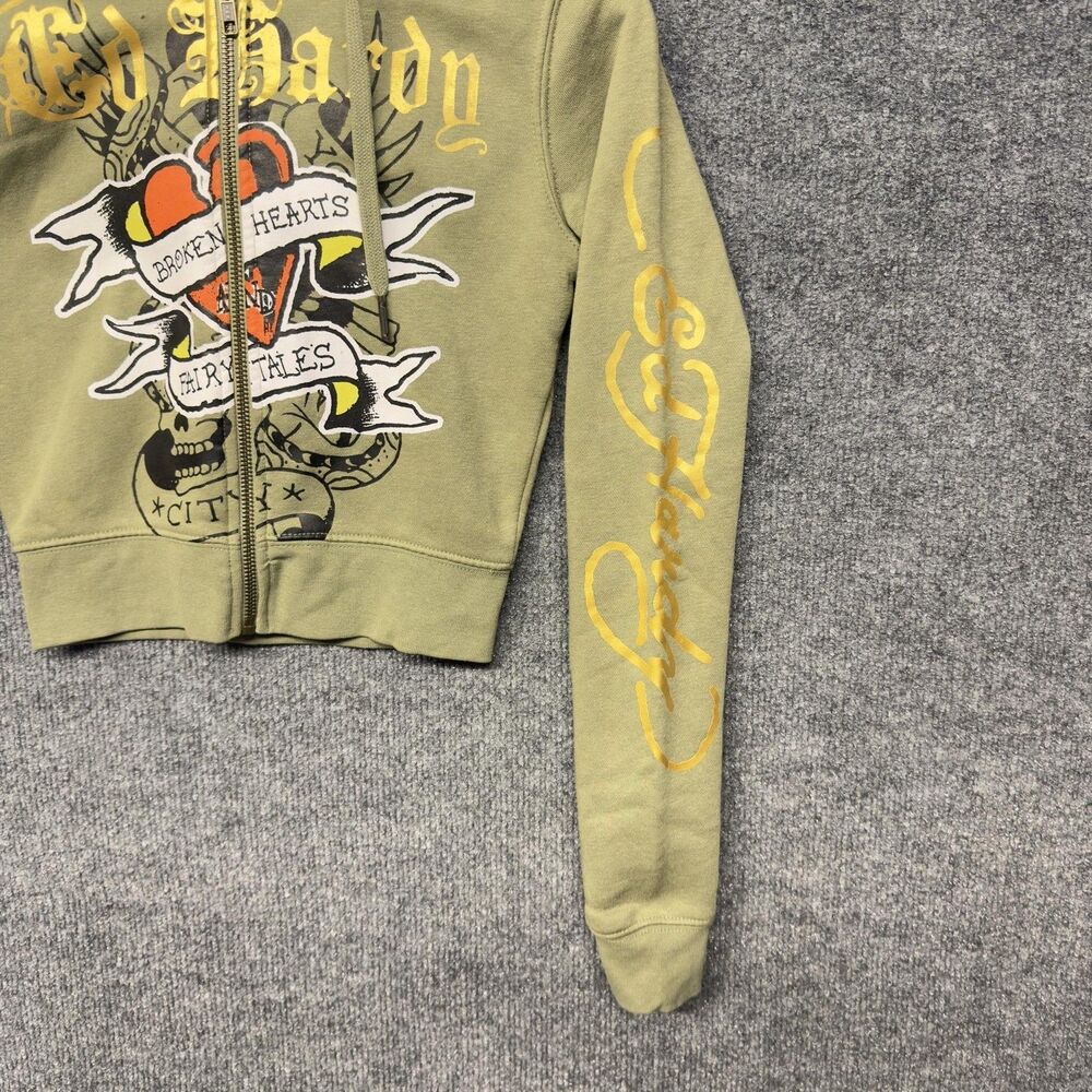Ed Hardy Hoodie Womens XS Green Cropped Full Zip Tattoo Graphic Skull Eagle Y2K - Picture 8 of 12